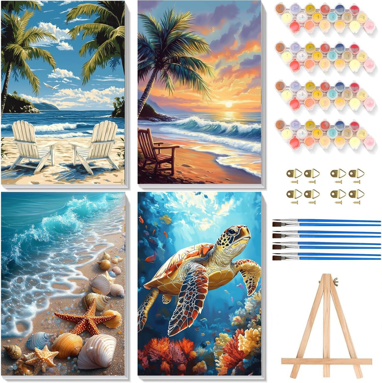 4 Pack Paint by Numbers for Adults, Beach Scene, 12"x8" Framed Canvas with Easel